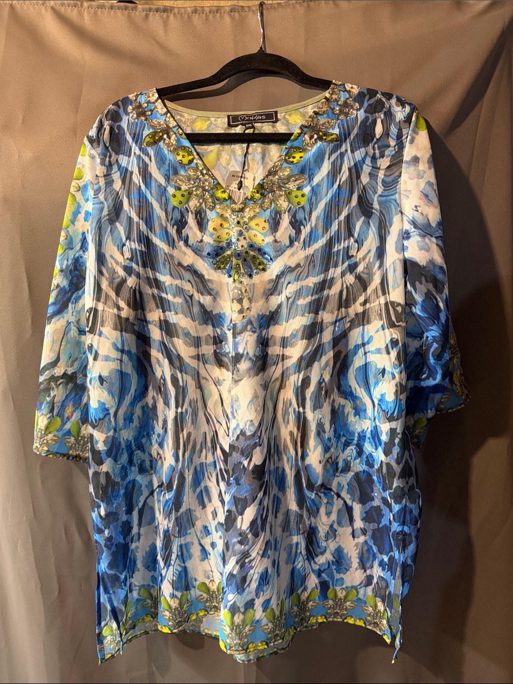 Embellished Blue Floral-Print Tunic Top